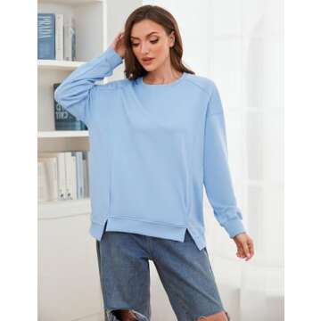 OLAPTA Women’s Oversized Long Sleeve Sweatshirts Crewneck Side Slit Loose Fit Hoodies Solid Color Casual Pullover Trendy Tops(Large,Blue)