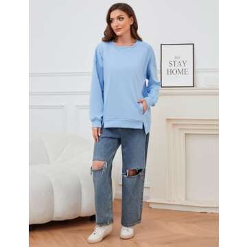 OLAPTA Women’s Oversized Long Sleeve Sweatshirts Crewneck Side Slit Loose Fit Hoodies Solid Color Casual Pullover Trendy Tops(Large,Blue)