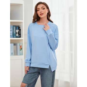 OLAPTA Women’s Oversized Long Sleeve Sweatshirts Crewneck Side Slit Loose Fit Hoodies Solid Color Casual Pullover Trendy Tops(Large,Blue)