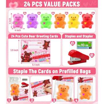 24 Pack Colorful Light Up Teddy Bear Valentines Gifts for Kids with Cards - Perfect Classroom Exchan...