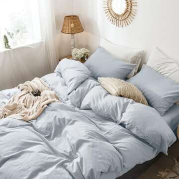 MooMee Bedding Duvet Cover Set 100% Washed Cotton Linen Like Textured Breathable Durable Soft Comfy (Cornflower Blue, Full)