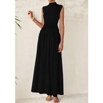 PRETTYGARDEN Women's Skirt Sets 2025 Summer Trendy 2 Piece Outfits Sleeveless Ruched Fitted Tops Ruffle Maxi Skirts (Black,Small)