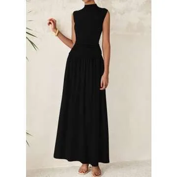 PRETTYGARDEN Women's Skirt Sets 2025 Summer Trendy 2 Piece Outfits Sleeveless Ruched Fitted Tops Ruffle Maxi Skirts (Black,Small)