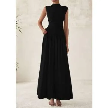 PRETTYGARDEN Women's Skirt Sets 2025 Summer Trendy 2 Piece Outfits Sleeveless Ruched Fitted Tops Ruffle Maxi Skirts (Black,Small)