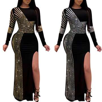 Ranfare Women's Nightclub Dress Party Dresses Bodycon Rhinestone Gown Evening Dress with Slit (Golden 8, L)