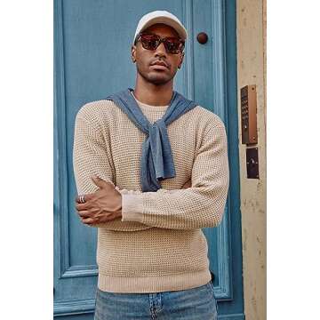 PJ PAUL JONES Mens Crewneck Sweaters Slim Fit Pullover Sweater Midweight Knitwear Khaki L