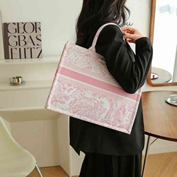 Fashion luxury tote bag cotton linen one shoulder handbag large capacity jacquard embroidery retro exquisite graffiti (Pink)