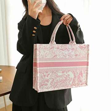 Fashion luxury tote bag cotton linen one shoulder handbag large capacity jacquard embroidery retro exquisite graffiti (Pink)