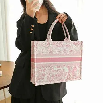Fashion luxury tote bag cotton linen one shoulder handbag large capacity jacquard embroidery retro exquisite graffiti (Pink)