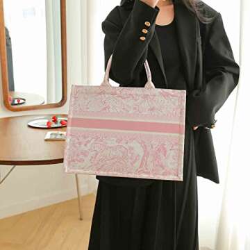 Fashion luxury tote bag cotton linen one shoulder handbag large capacity jacquard embroidery retro exquisite graffiti (Pink)