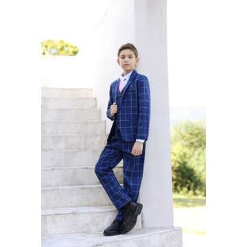 SWOTGdoby Boys Suits 3 Pieces Formal Suit Set Plaid Blazer Vest Pants Slim Fit Suit Jacket for Wedding Party
