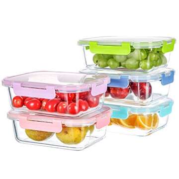 C CREST 5-Pack 34Oz Multi-color Glass Containers Meal Prep with Lids, Airtight Leak Proof Food Containers, Durable Lunch Glassware Set