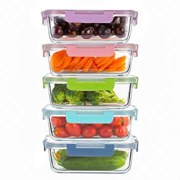 C CREST 5-Pack 34Oz Multi-color Glass Containers Meal Prep with Lids, Airtight Leak Proof Food Containers, Durable Lunch Glassware Set
