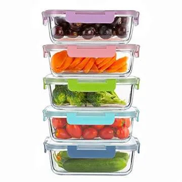 C CREST 5-Pack 34Oz Multi-color Glass Containers Meal Prep with Lids, Airtight Leak Proof Food Containers, Durable Lunch Glassware Set
