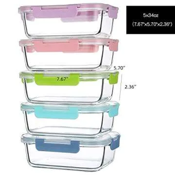 C CREST 5-Pack 34Oz Multi-color Glass Containers Meal Prep with Lids, Airtight Leak Proof Food Containers, Durable Lunch Glassware Set