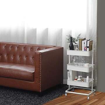 CORNERIA 3-Tier Metal Utility Service Cart Rolling Storage Utility Cart - Adjustable Metal Mesh Rolling Storage Cart - White