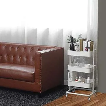 CORNERIA 3-Tier Metal Utility Service Cart Rolling Storage Utility Cart - Adjustable Metal Mesh Rolling Storage Cart - White