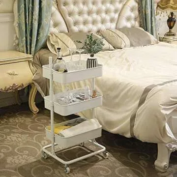 CORNERIA 3-Tier Metal Utility Service Cart Rolling Storage Utility Cart - Adjustable Metal Mesh Rolling Storage Cart - White