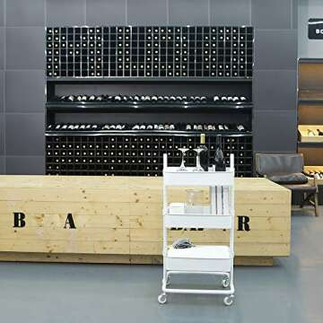 CORNERIA 3-Tier Metal Utility Service Cart Rolling Storage Utility Cart - Adjustable Metal Mesh Rolling Storage Cart - White