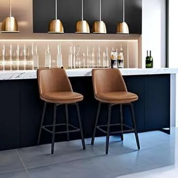 CHITA Counter Height Swivel Barstools, FSC Certified Upholstered Faux Leather Bar Stools Set of 2, Metal Base, 27.2" Seat Height, Saddle Brown