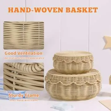 Olpchee Wicker Storage Basket with lid Hand Woven Rattan Basket Small Scalloped Basket Set of 2 Woven Baskets for Storage Nursery, Baby, Clothes, Toys, Diapers