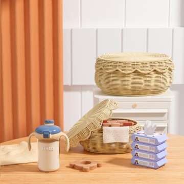 Olpchee Wicker Storage Basket with lid Hand Woven Rattan Basket Small Scalloped Basket Set of 2 Woven Baskets for Storage Nursery, Baby, Clothes, Toys, Diapers