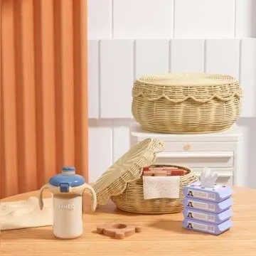 Olpchee Wicker Storage Basket with lid Hand Woven Rattan Basket Small Scalloped Basket Set of 2 Woven Baskets for Storage Nursery, Baby, Clothes, Toys, Diapers