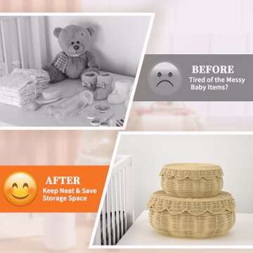 Olpchee Wicker Storage Basket with lid Hand Woven Rattan Basket Small Scalloped Basket Set of 2 Woven Baskets for Storage Nursery, Baby, Clothes, Toys, Diapers