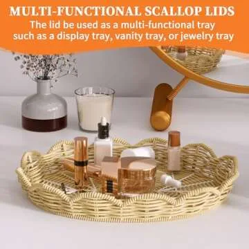 Olpchee Wicker Storage Basket with lid Hand Woven Rattan Basket Small Scalloped Basket Set of 2 Woven Baskets for Storage Nursery, Baby, Clothes, Toys, Diapers