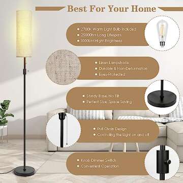 YKIOKE Floor Lamp, Standing Lamp for Living Room with 3 Levels Dimmable Brightness, Modern Tall Lamps for Bedroom, Living Room, Office, Kids Room, Reading, Minimalist Floor Lamp for Home Decor