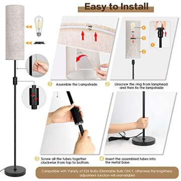 YKIOKE Floor Lamp, Standing Lamp for Living Room with 3 Levels Dimmable Brightness, Modern Tall Lamps for Bedroom, Living Room, Office, Kids Room, Reading, Minimalist Floor Lamp for Home Decor