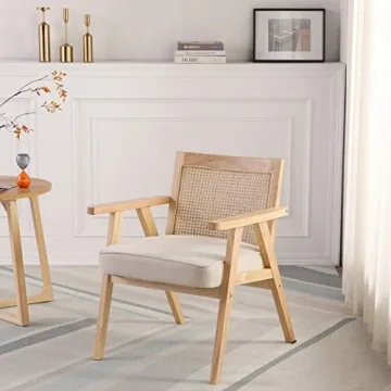 Small Accent Chair, Upholstered Mid Century Modern Accent Chair for Cane Back and Wood Legs, Living Room Chair Side Chair for Bedroom/Reading Room/Balcony/Patio, Beige