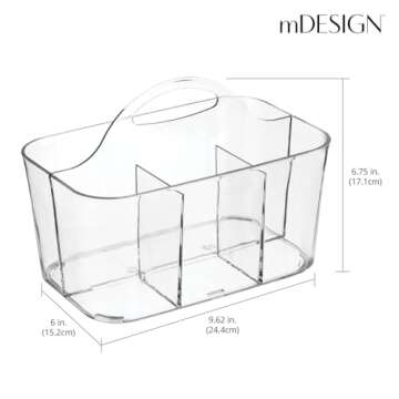 mDesign Small Plastic Shower and Bathroom Storage Organizer Caddy Tote with Handle for Dorm, Shelf, Cabinet - Hold Soap, Shampoo, Conditioner, Combs, Brushes, Lumiere Collection, Clear