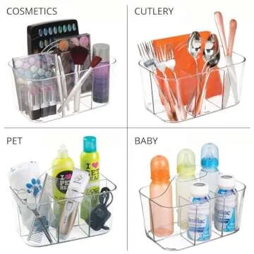 mDesign Small Plastic Shower and Bathroom Storage Organizer Caddy Tote with Handle for Dorm, Shelf, Cabinet - Hold Soap, Shampoo, Conditioner, Combs, Brushes, Lumiere Collection, Clear