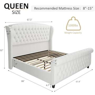 AMERLIFE Queen Size Platform Bed Frame, Chenille Upholstered Sleigh Bed with Scroll Wingback Headboa...