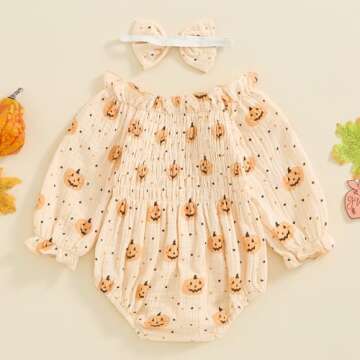 DuAnyozu Baby Girl Floral Romper Newborn Outfit Square Neck Ruffle Smocked Jumpsuit Bodysuit With Headband Cute Clothes (Halloween Pumpkin Apricot, 6-12 Months)