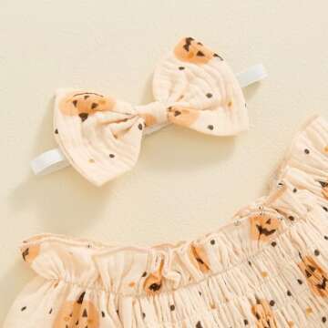 DuAnyozu Baby Girl Floral Romper Newborn Outfit Square Neck Ruffle Smocked Jumpsuit Bodysuit With Headband Cute Clothes (Halloween Pumpkin Apricot, 6-12 Months)