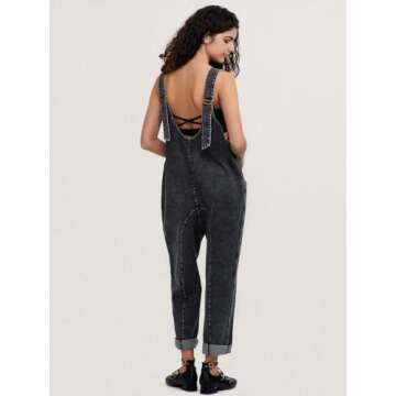 EXLURA Womens High Roller Denim Bib Jumpsuits Casual Loose Sleeveless Baggy Overalls Jeans Pants Jum...