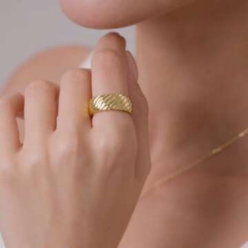 MINDDHA 14K Yellow Gold Chunky Croissant Ring for Women | Bold Twisted Braided Design | Gold Plated Dome Statement Ring | Trendy Chunky Signet Ring | Size Options Available (Size 10)