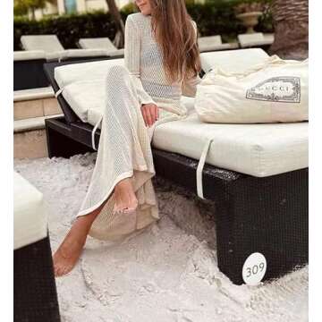NUFIWI Women Beach See Through Maxi Dress Long Sleeve Crochet Knit Dress Backless Hollow Out Bikini Cover Up Long Outfits Milk White