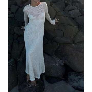 NUFIWI Women Beach See Through Maxi Dress Long Sleeve Crochet Knit Dress Backless Hollow Out Bikini Cover Up Long Outfits Milk White
