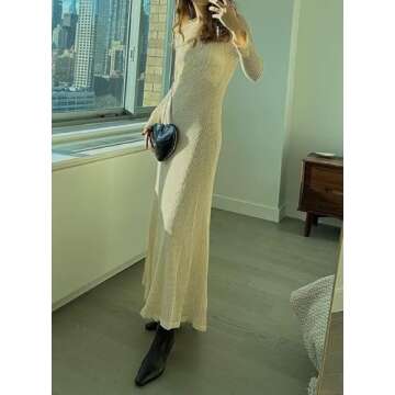 NUFIWI Women Beach See Through Maxi Dress Long Sleeve Crochet Knit Dress Backless Hollow Out Bikini Cover Up Long Outfits Milk White