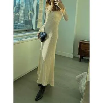 NUFIWI Women Beach See Through Maxi Dress Long Sleeve Crochet Knit Dress Backless Hollow Out Bikini Cover Up Long Outfits Milk White