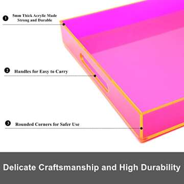 Large Acrylic Tray Ottoman Coffee Table Tray with Handles 17x13'' Decorative Serving Platter for Food Tea Dinner Snack Eating Bar Party, Neon Pink