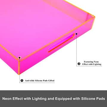 Large Acrylic Tray Ottoman Coffee Table Tray with Handles 17x13'' Decorative Serving Platter for Food Tea Dinner Snack Eating Bar Party, Neon Pink