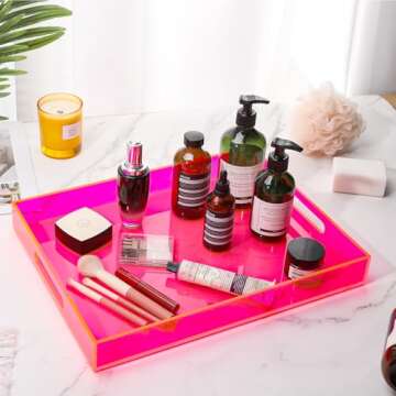 Large Acrylic Tray Ottoman Coffee Table Tray with Handles 17x13'' Decorative Serving Platter for Food Tea Dinner Snack Eating Bar Party, Neon Pink
