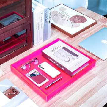 Large Acrylic Tray Ottoman Coffee Table Tray with Handles 17x13'' Decorative Serving Platter for Food Tea Dinner Snack Eating Bar Party, Neon Pink