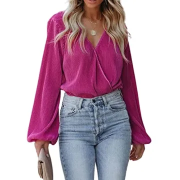 CUPSHE Women Long Lantern Sleeve Shirt Tops Elegant V Neck Blouse in Fuchsia