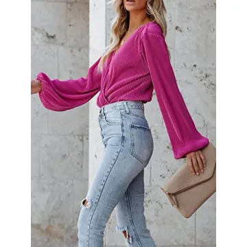 CUPSHE Women Long Sleeve V Neck Blouse for Stylish Comfort