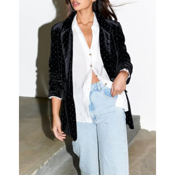 Velvet Blazer Diamonds Jacket for Women Long Sleeve Lapel Work Office Jacket Elegant Open Front Business Outfits Black